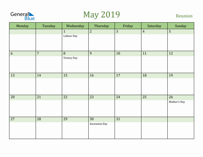 May 2019 Calendar with Reunion Holidays