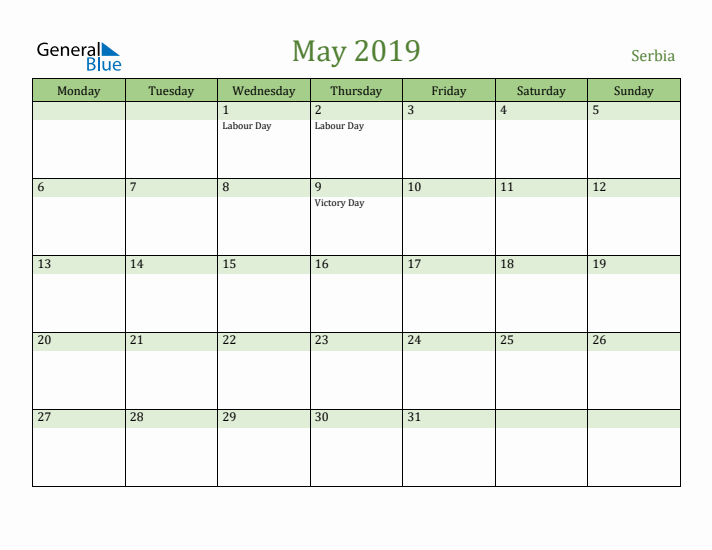 May 2019 Calendar with Serbia Holidays