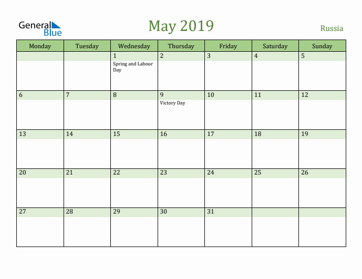 May 2019 Calendar with Russia Holidays