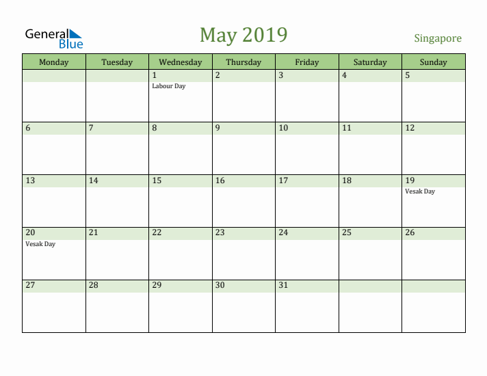 May 2019 Calendar with Singapore Holidays