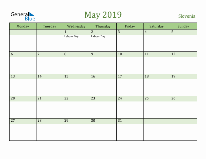 May 2019 Calendar with Slovenia Holidays