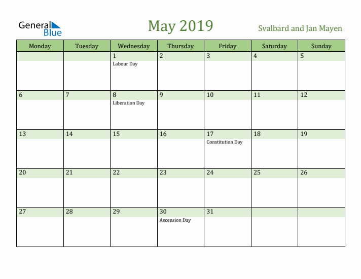 May 2019 Calendar with Svalbard and Jan Mayen Holidays