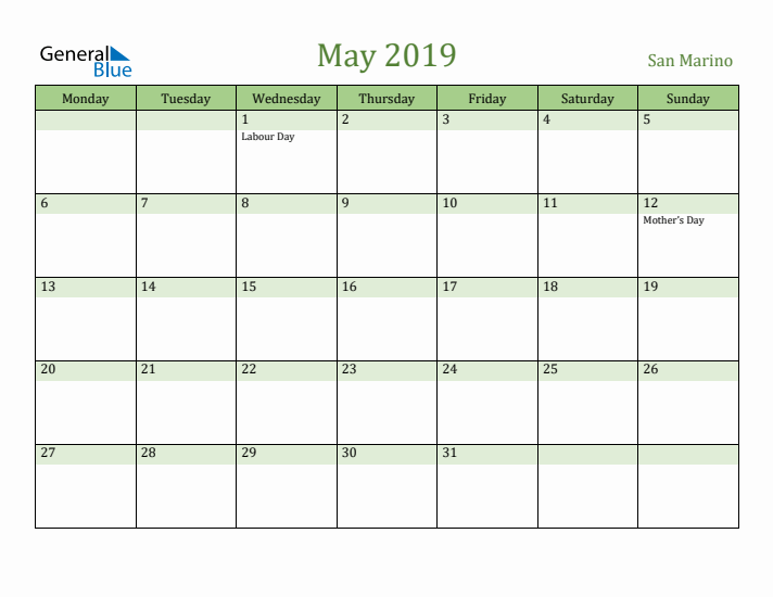 May 2019 Calendar with San Marino Holidays