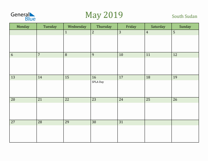 May 2019 Calendar with South Sudan Holidays