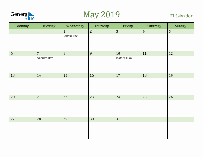 May 2019 Calendar with El Salvador Holidays