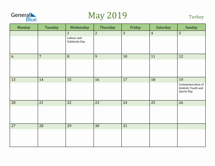May 2019 Calendar with Turkey Holidays