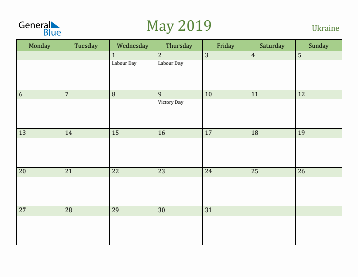 May 2019 Calendar with Ukraine Holidays
