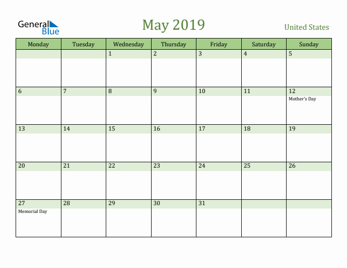May 2019 Calendar with United States Holidays