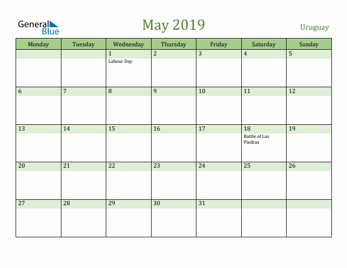 May 2019 Calendar with Uruguay Holidays