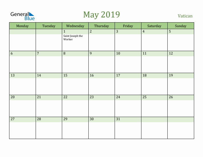 May 2019 Calendar with Vatican Holidays
