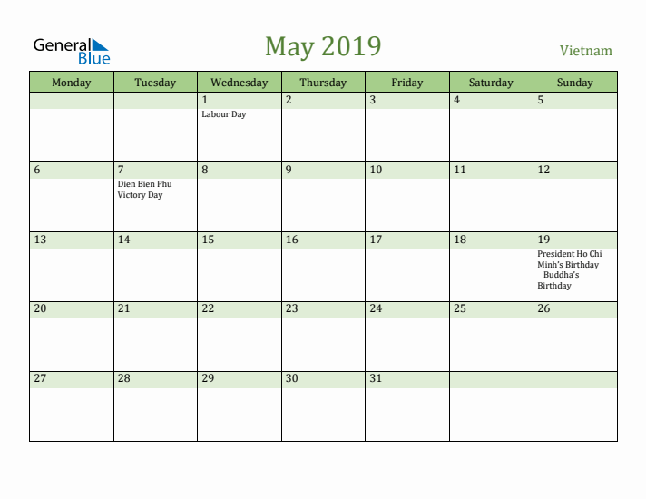 May 2019 Calendar with Vietnam Holidays