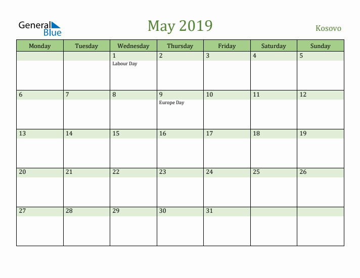 May 2019 Calendar with Kosovo Holidays