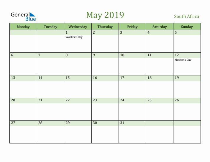 May 2019 Calendar with South Africa Holidays