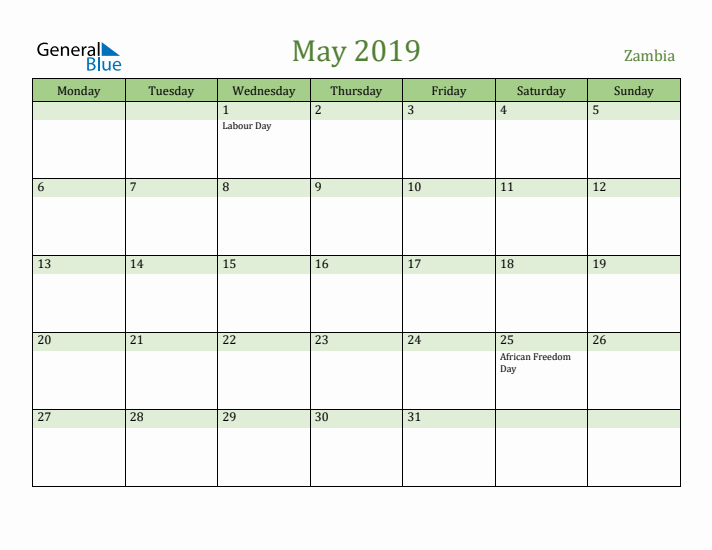 May 2019 Calendar with Zambia Holidays