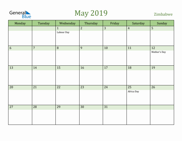 May 2019 Calendar with Zimbabwe Holidays