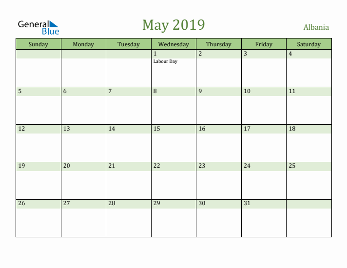 May 2019 Calendar with Albania Holidays