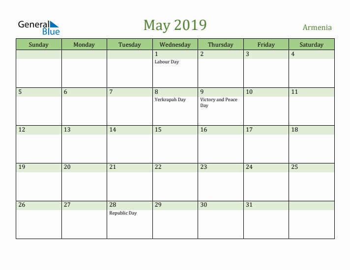 May 2019 Calendar with Armenia Holidays