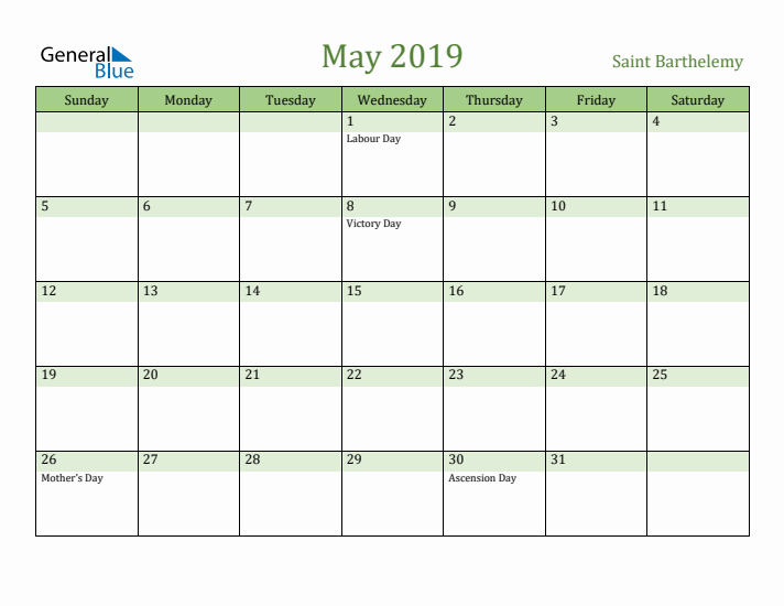 May 2019 Calendar with Saint Barthelemy Holidays
