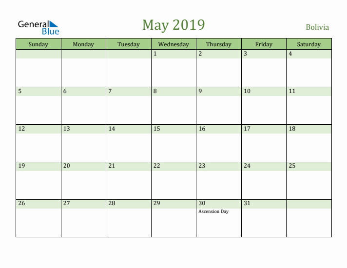 May 2019 Calendar with Bolivia Holidays