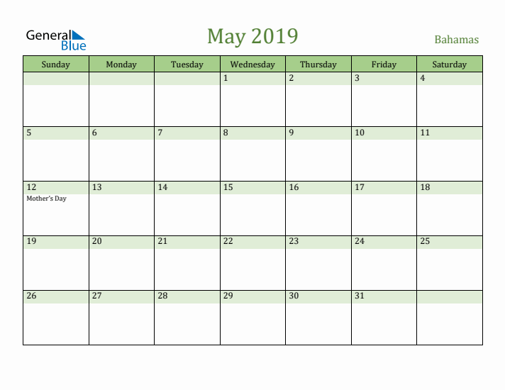 May 2019 Calendar with Bahamas Holidays