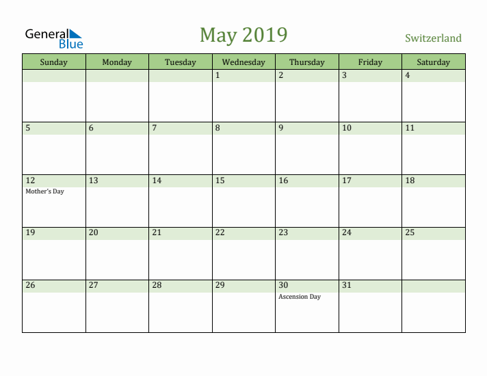 May 2019 Calendar with Switzerland Holidays