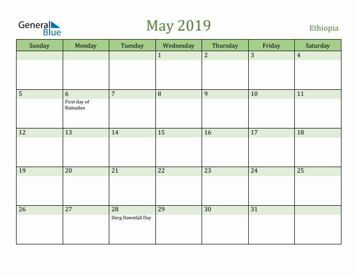 May 2019 Calendar with Ethiopia Holidays