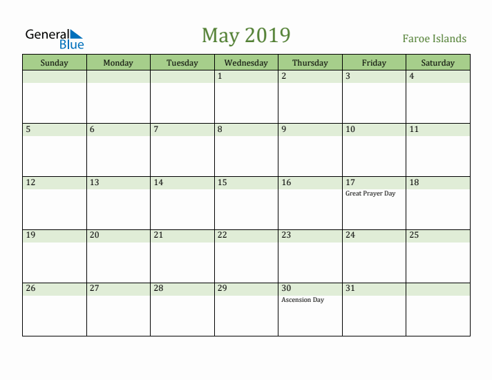 May 2019 Calendar with Faroe Islands Holidays