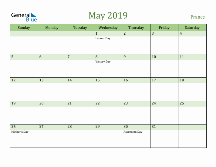 May 2019 Calendar with France Holidays