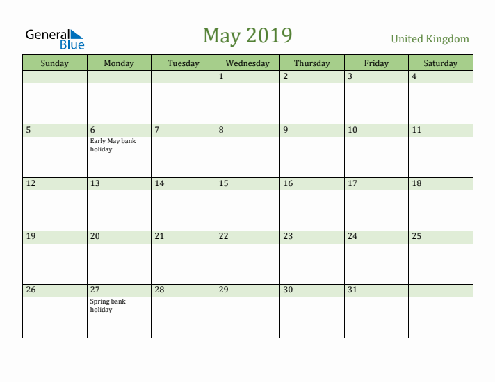 May 2019 Calendar with United Kingdom Holidays