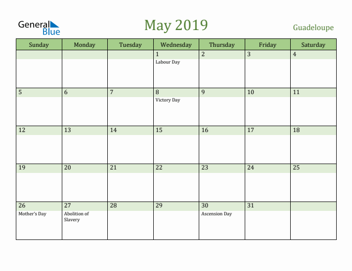 May 2019 Calendar with Guadeloupe Holidays