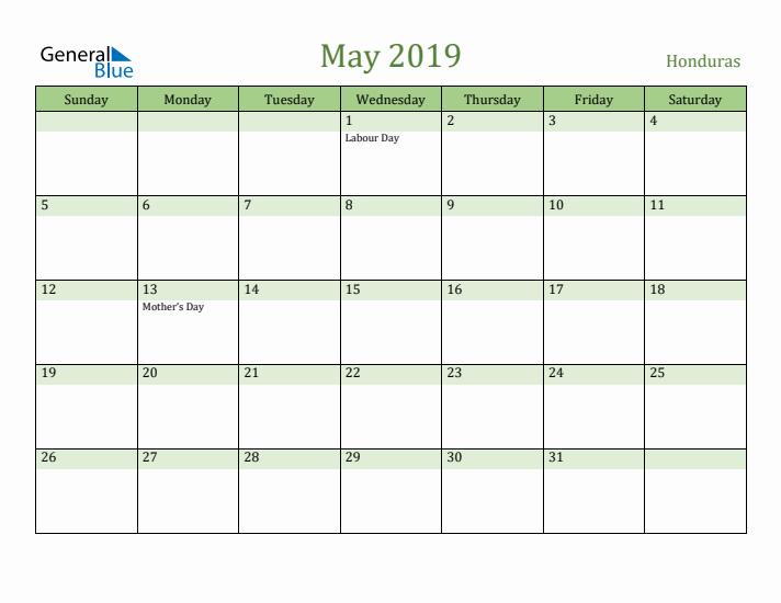 May 2019 Calendar with Honduras Holidays