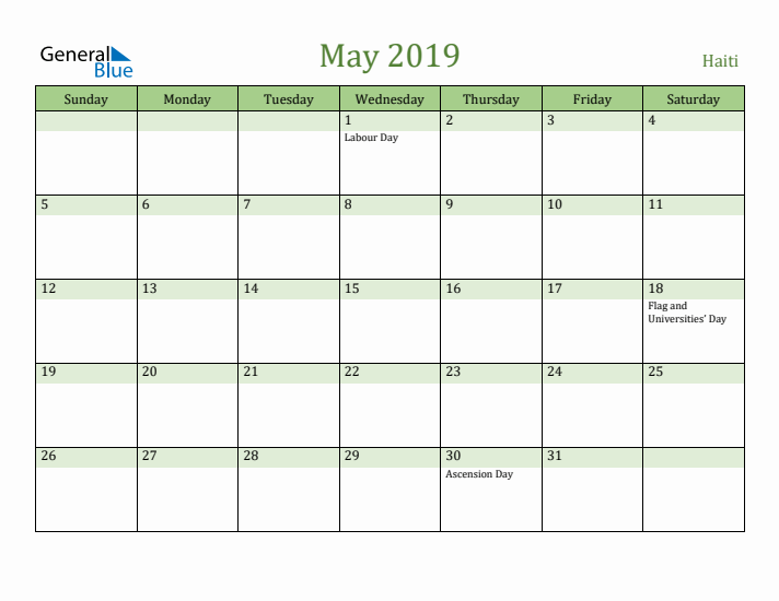 May 2019 Calendar with Haiti Holidays