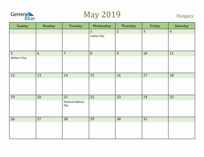 May 2019 Calendar with Hungary Holidays