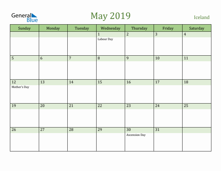 May 2019 Calendar with Iceland Holidays