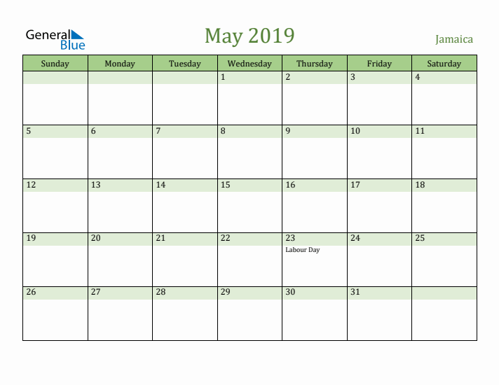 May 2019 Calendar with Jamaica Holidays
