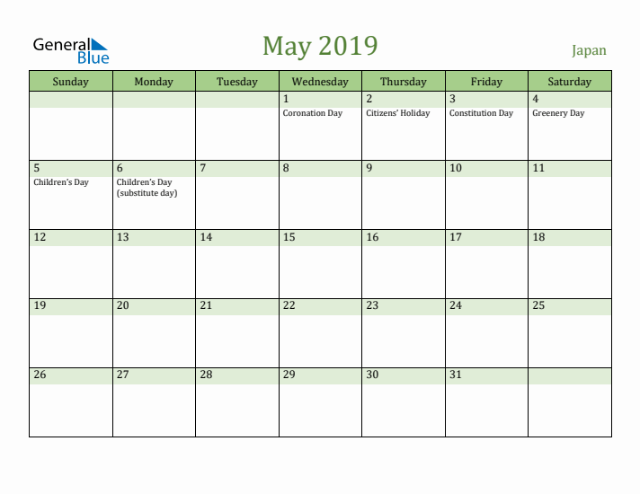 May 2019 Calendar with Japan Holidays