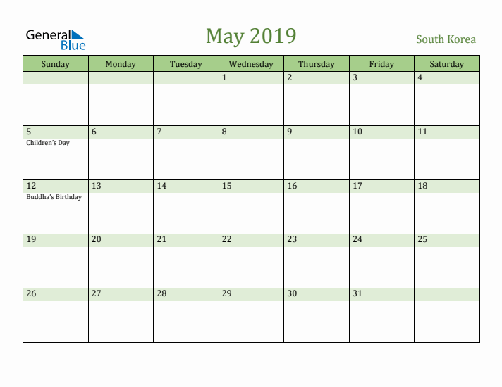 May 2019 Calendar with South Korea Holidays