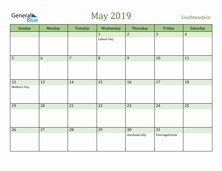 May 2019 Calendar with Liechtenstein Holidays