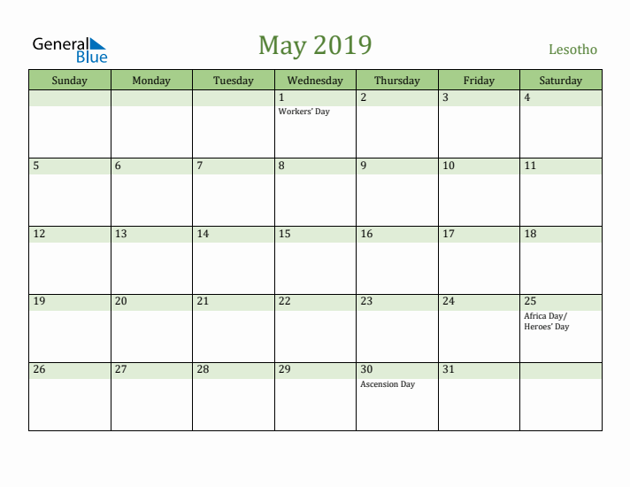 May 2019 Calendar with Lesotho Holidays