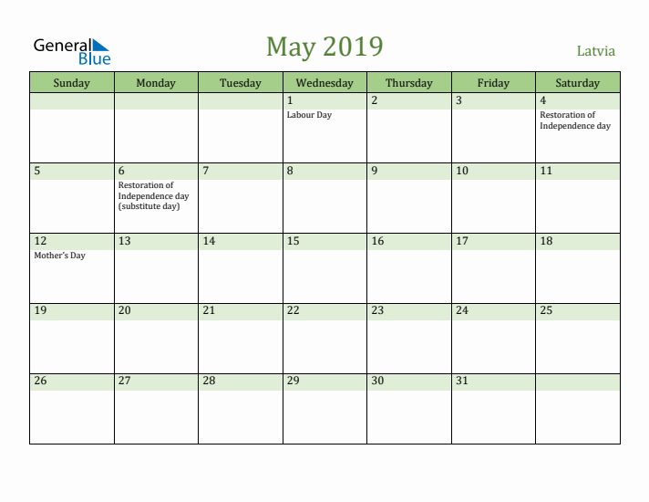 May 2019 Calendar with Latvia Holidays