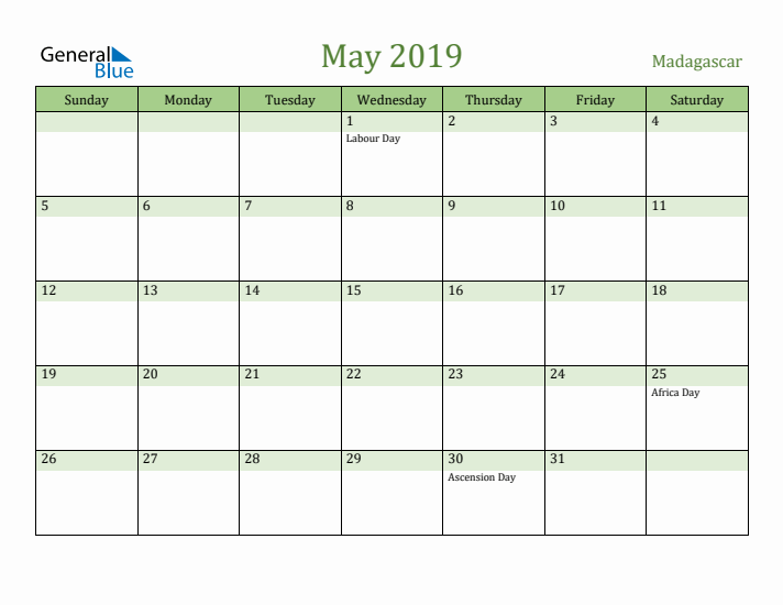 May 2019 Calendar with Madagascar Holidays
