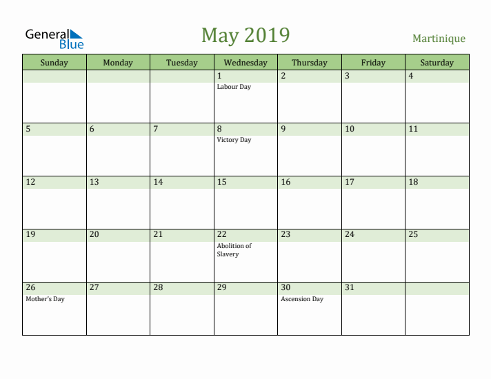 May 2019 Calendar with Martinique Holidays