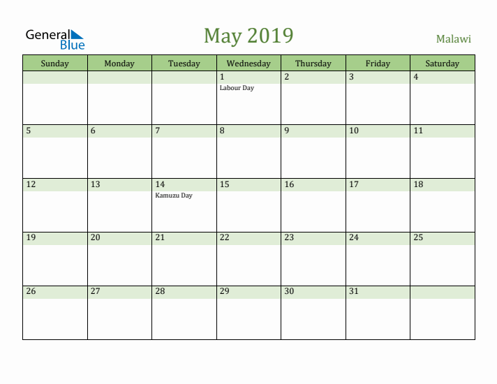 May 2019 Calendar with Malawi Holidays