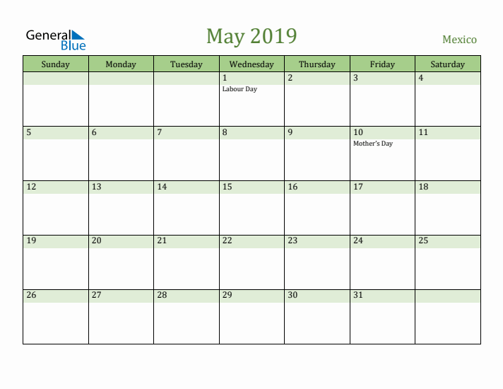 May 2019 Calendar with Mexico Holidays