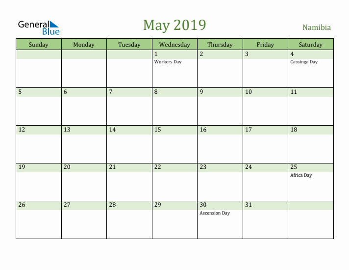 May 2019 Calendar with Namibia Holidays