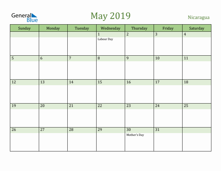 May 2019 Calendar with Nicaragua Holidays