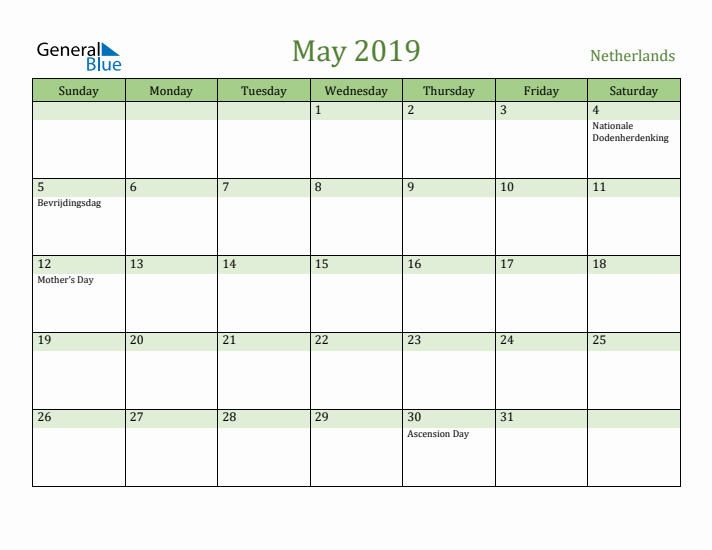 May 2019 Calendar with The Netherlands Holidays