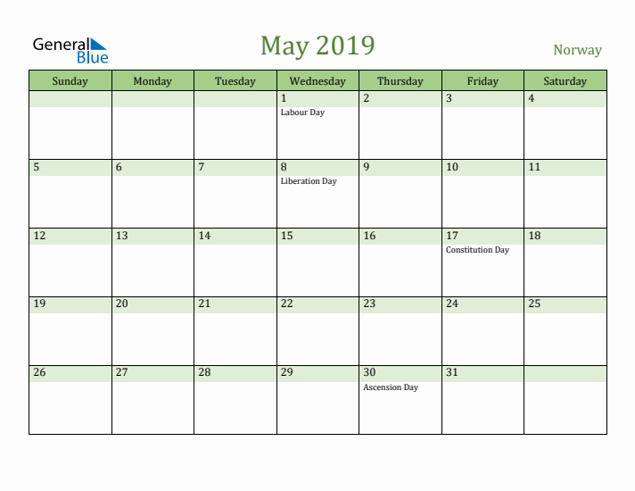 May 2019 Calendar with Norway Holidays