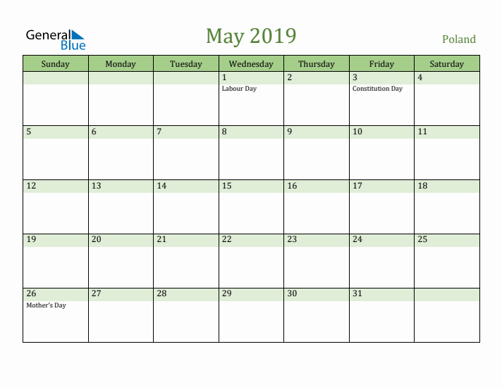 May 2019 Calendar with Poland Holidays