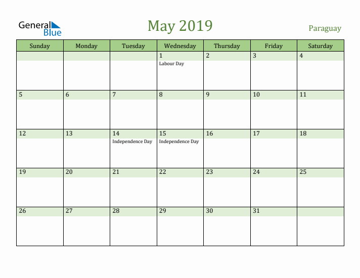 May 2019 Calendar with Paraguay Holidays